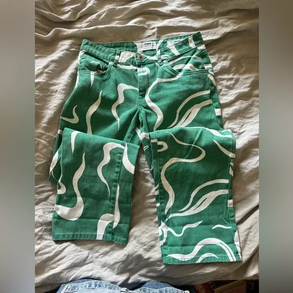 Cotton On Low Rise Green and White Swirl Straight Jeans sz4 - Picture 6 of 13